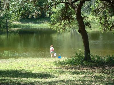Anna catches minnows by the cottage pond